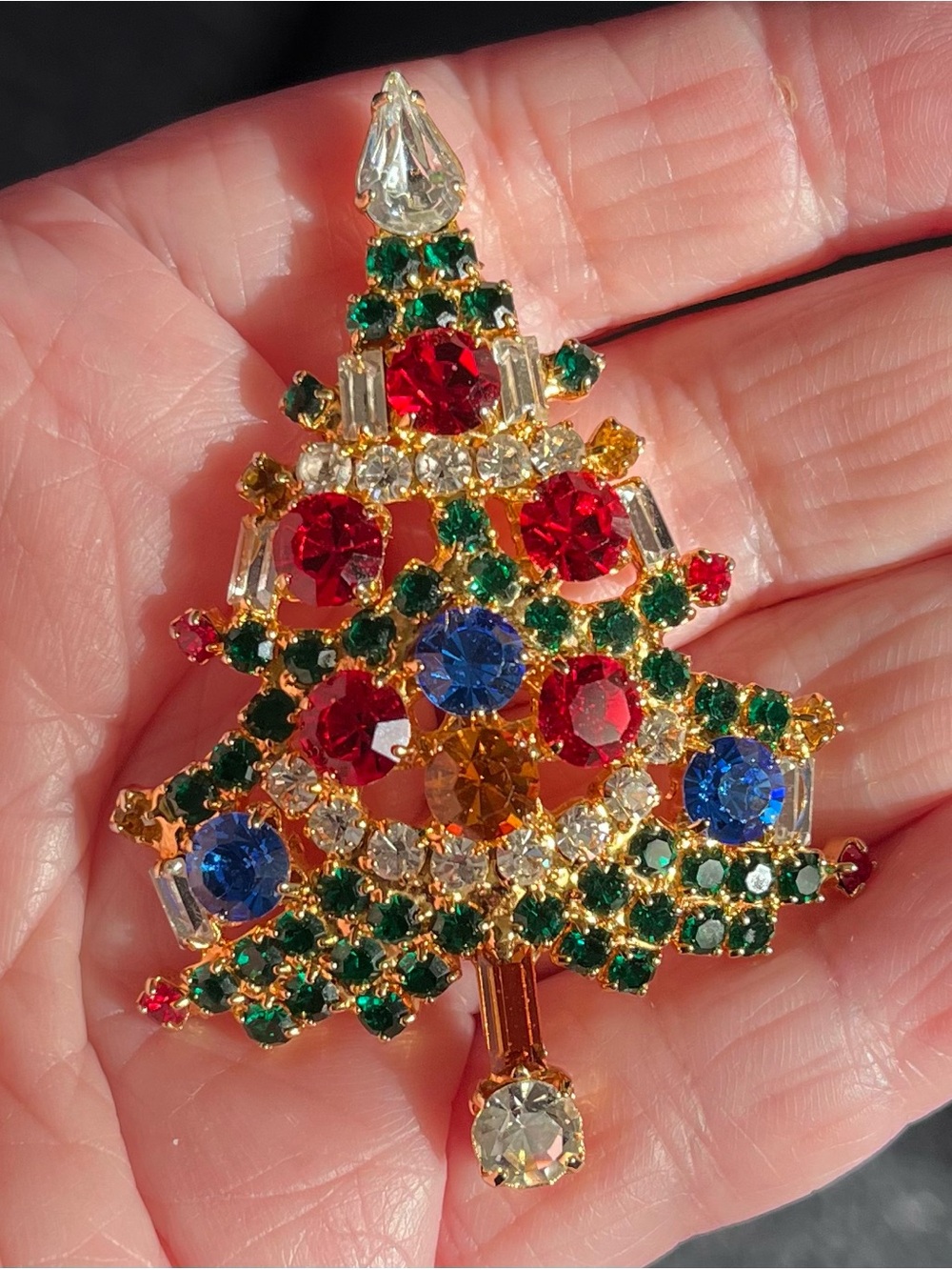Vintage Signed OTC Multicolor Tiered Rhinestone Christmas Tree Brooch Pin